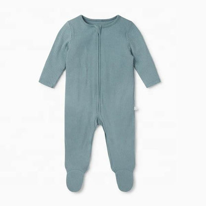 Dusty blue baby bamboo viscose footed sleeper with ribbed fabric and front zipper