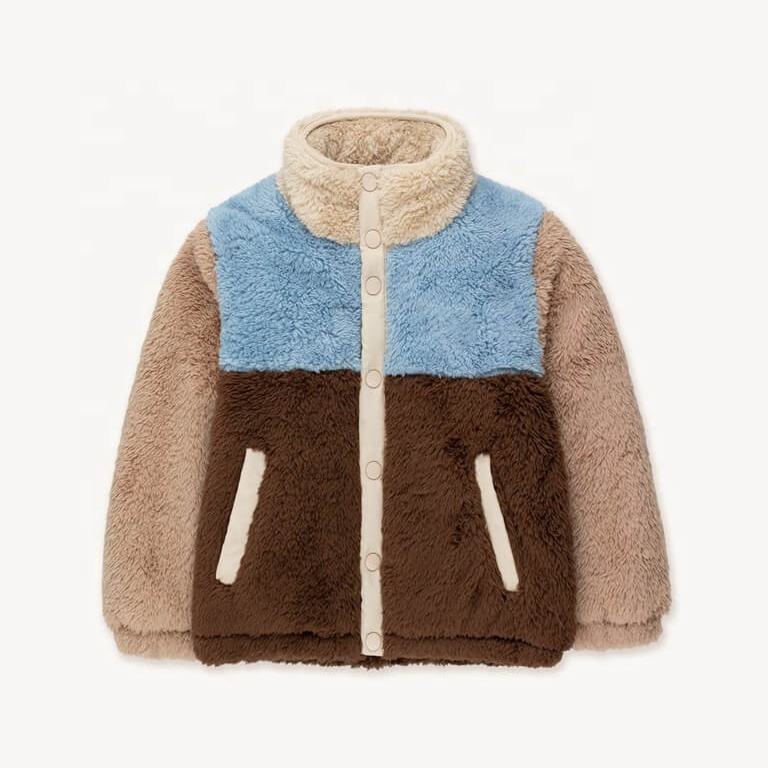 Kids color block sherpa fleece jacket with stand collar, snap buttons and side pockets