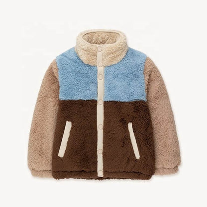 Kids color block sherpa fleece jacket with stand collar, snap buttons and side pockets