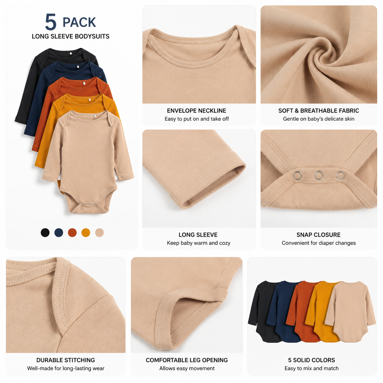 Five-pack baby bodysuit set showing envelope neckline crotch snaps and earth-tone colors