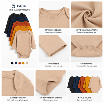 Five-pack baby bodysuit set showing envelope neckline crotch snaps and earth-tone colors