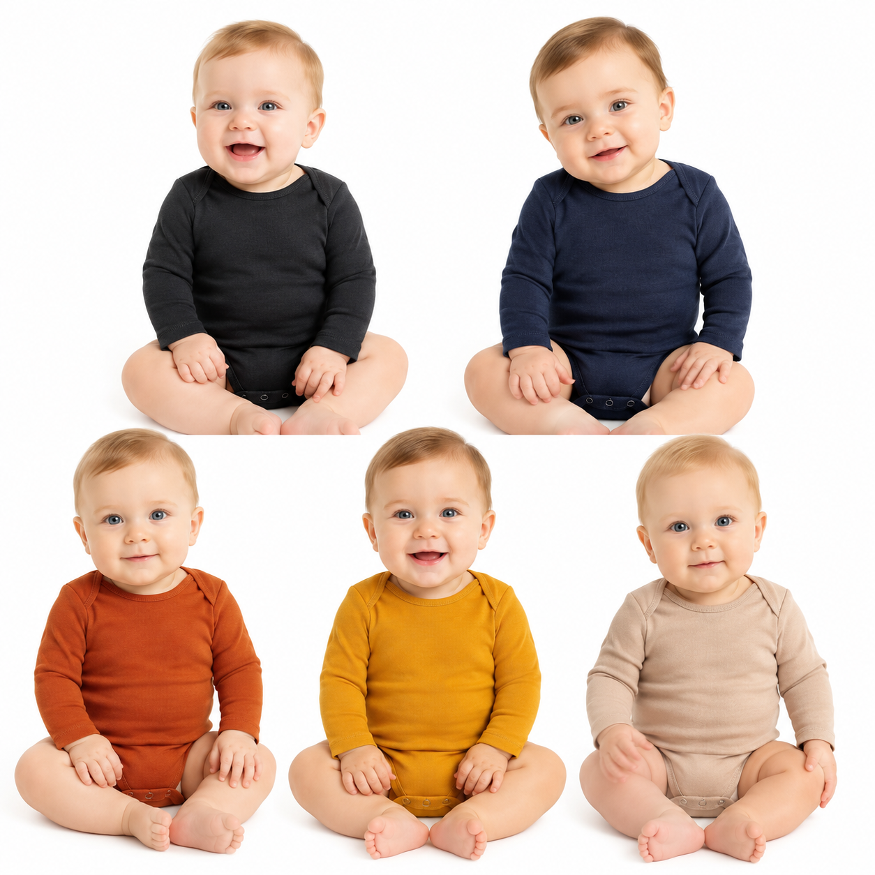 Babies wearing coordinated earth-tone long-sleeve bodysuits in five solid colors
