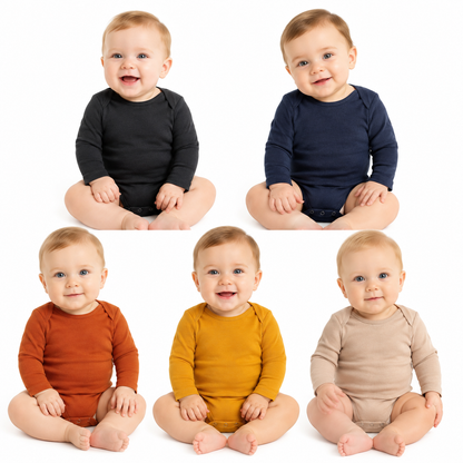 Babies wearing coordinated earth-tone long-sleeve bodysuits in five solid colors