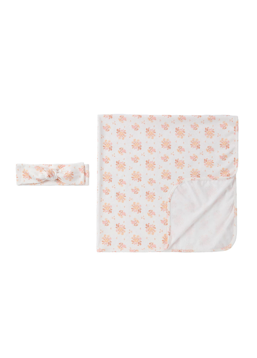 Baby floral cotton stretch swaddle blanket with matching bow headband set