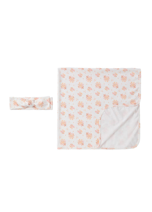 Baby floral cotton stretch swaddle blanket with matching bow headband set