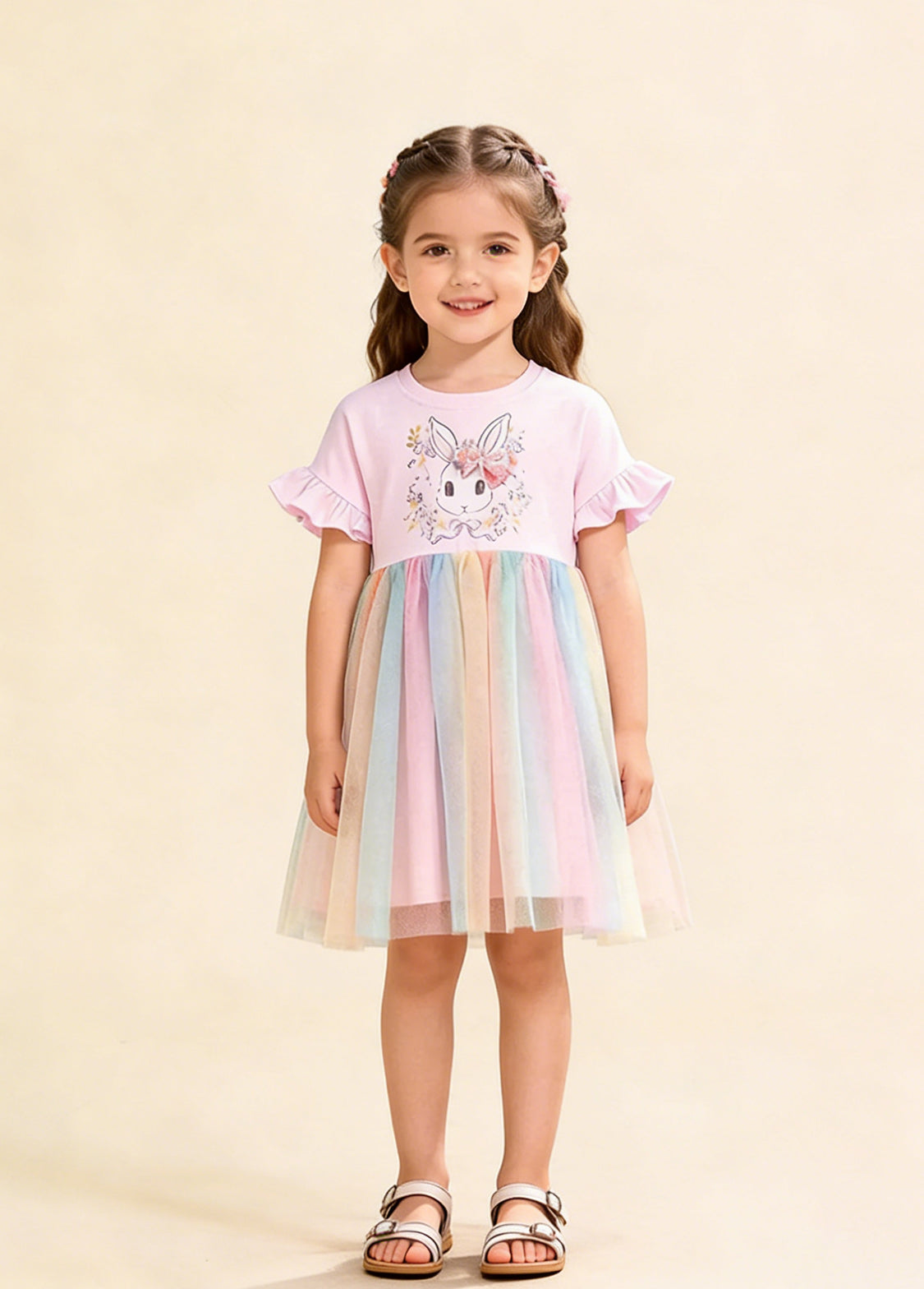 Girl wearing a pink bunny print party dress with a pastel rainbow tulle skirt