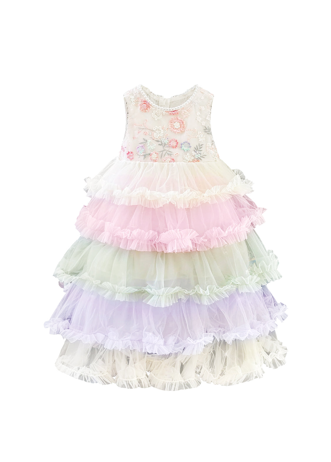 Girls pastel tiered tulle party dress with floral bodice and multicolor ruffles