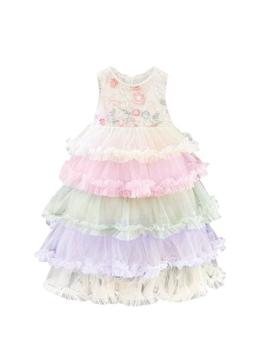 Girls pastel tiered tulle party dress with floral bodice and multicolor ruffles