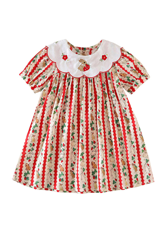 Back view of a girls striped cotton dress with a gathered waist and short sleeves