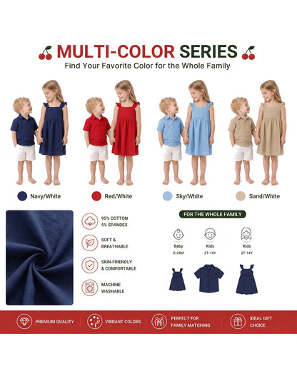 Sibling matching shirt and dress collection shown in multiple colors