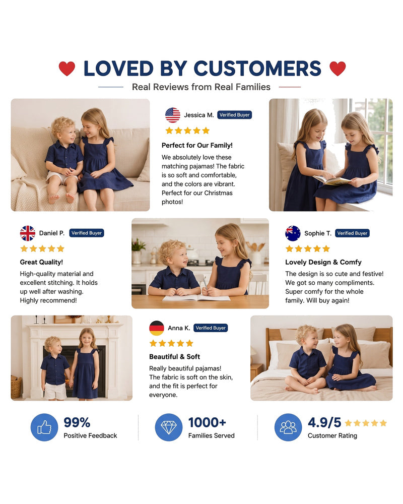 Customer presentation of navy blue sibling matching outfits