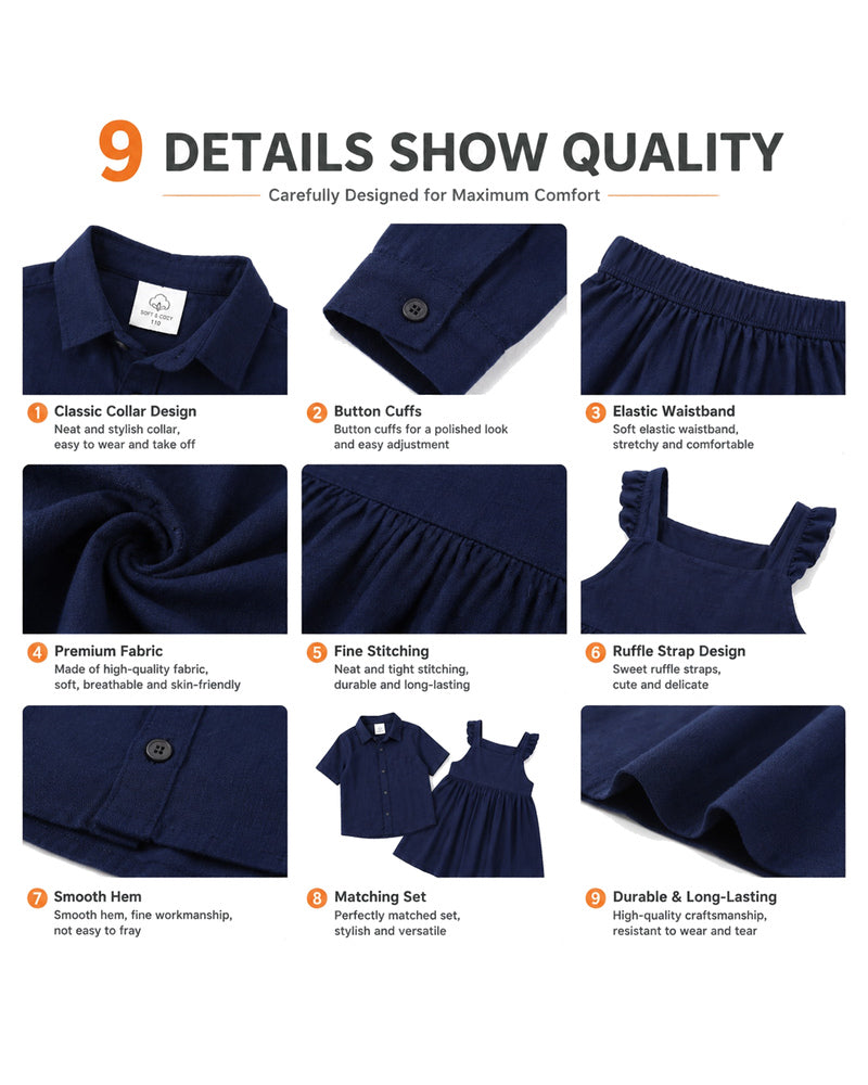 Detail views of navy sibling matching boys shirt and girls dress