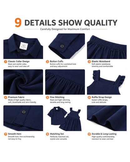 Detail views of navy sibling matching boys shirt and girls dress