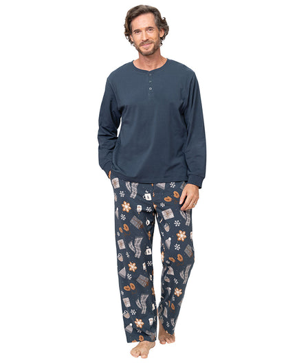 Men's matching henley top and gingerbread print pajama pants - Alice Apparel