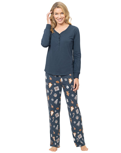 Women's matching gingerbread print long sleeve pajama set - Alice Apparel
